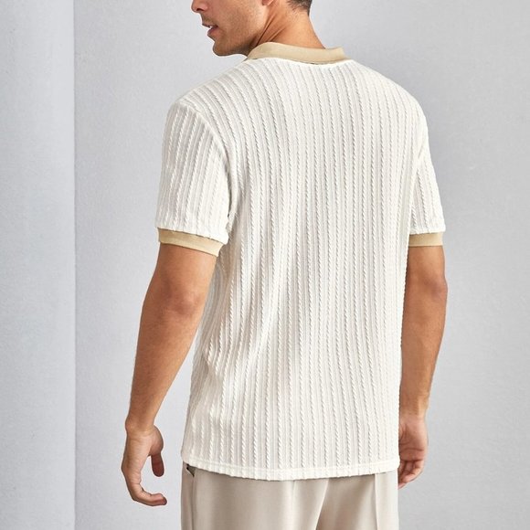 Beige Casual Mens Contrast Trim Textured Polo Shirt - Picture 4 of 5